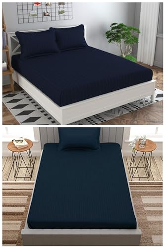 Image of Combo Pack of 2 Elastic Fitted Bedsheet 1 for Double Bed and 1 for Single Bed of Same Print 200TC(Plain Blue)