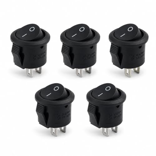 Interruptor Redondo Basculante De 2 Vias ON/OFF 6A - interruptor auxiliar - controlador eléctrico vehículo - interruptor para botoneras (5, Negro, SPST ON/OFF)