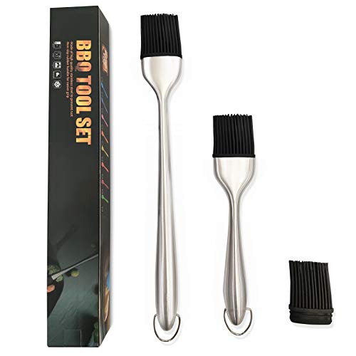 Youghu 2 Piece Basting Brush Set Long Handle  Short Handle  1 Brush Heads 304 Stainless Steel Edible Silicone High Temperature Resistant no Falling Objects