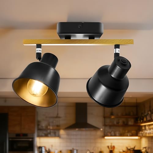 Aulaiyi Deckenstrahler 2 Flammig Schwenkbar 350 Vintage Deckenlampe LED Deckenleuchte E14 Fassung Industrial Holzmaserung light für Küche Wohnzimmer Schlafzimmer Schwarz (Ohne Leuchtmittel)