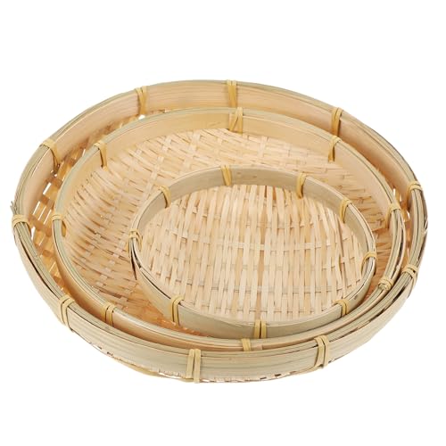 LALADEFIEE 3 Tamices de Bambú Hechos a Mano, Tamaños 15 Cm, 22 Cm y 26 Cm, Cesta de Frutas y Verduras, Porta Bocadillos y Bandeja de Almacenamiento para Cocina y Hogar