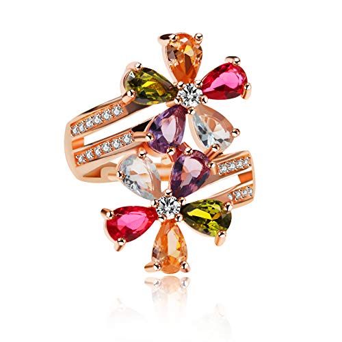 Uloveido Women's Multicolor Pear Cut Created Tourmaline Rings Rose Gold Plated Flower October Birthstone Adjustable Rings Birthday Gifts Ideas RJ134