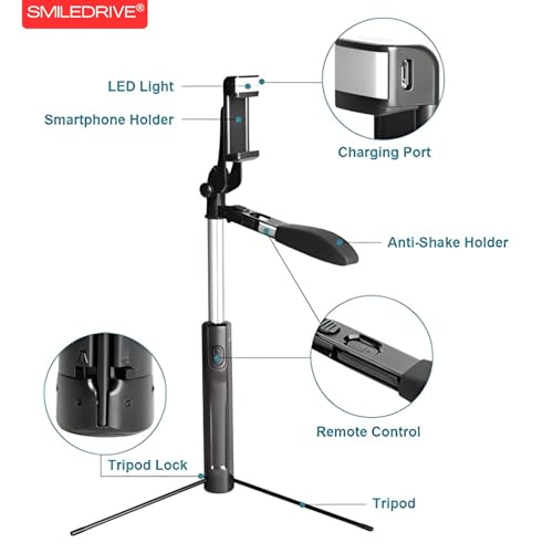 Image of SMILEDRIVE Selfie Stick Gimbal Tripod with Handle Stabilizer builtin LED Flash Light Wireless Bluetooth Clicker