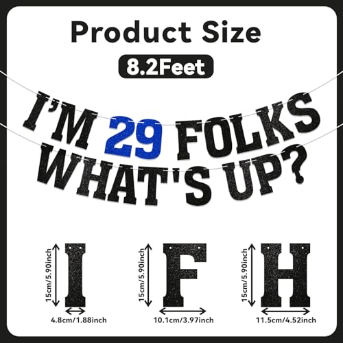 Image of I am 29 Folks, What's Up? Banner - New Girl 29th Birthday Party Decorations, Happy 29th Birthday Party Decorations Black Glitter
