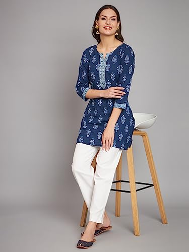 Image of Rapsodia Women Cotton Navy Blue Ethnic Buti Printed Short Kurti
