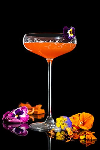 DIAMANTE Champagne, Cocktail or Prosecco Coupes/Saucers Glasses Pair with Arabesque Floral Etched Design in a Gift Box - Image 5