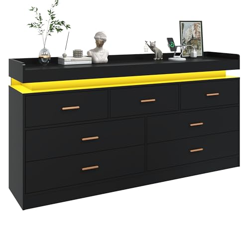 Image of jiteentarou 7 Drawer Dresser with Charging Station and LED Lights, Modern Chest of Drawers with Power Outlet, Organizer Cabinet for Bedroom, Living Room, Entryway, Black