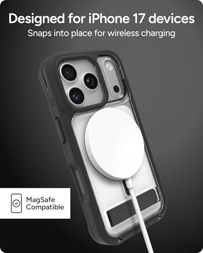 Image of ZAGG Rainier Case with Kickstand for iPhone 17 Pro - Black, Graphene 22ft (7m) Drop Protection, Lanyard Attach Points, MagSafe, Wireless Charging Compatible, 2-Piece Design, Phone Case