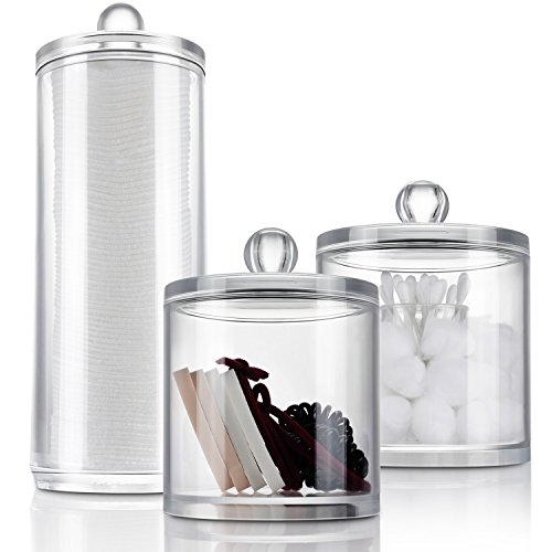 Miusco Acrylic Makeup Accessories Organizers Set, Q Tips Cotton Balls and Swabs Holders and Makeup Cotton Pads Dispenser