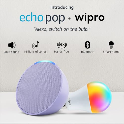 Image of Amazon Echo Pop (Purple) Combo with Wipro 12W LED Smart Color Bulb