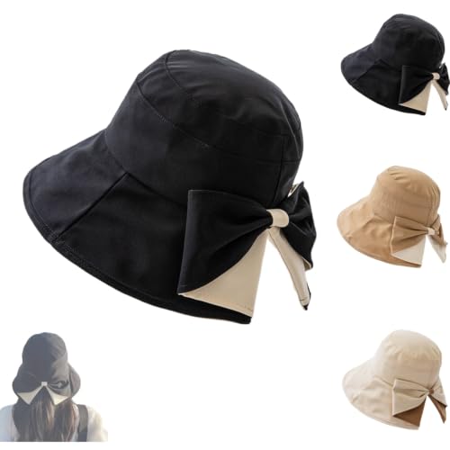 Women's Bowknot Wide Brim Sun Protective Hat - Foldable 360° UV Protection Summer Bucket Hat for Women (Black) [���s�A���i]