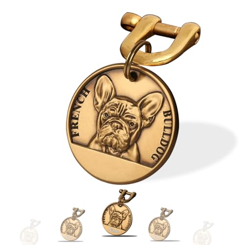 Targhetta Personalizzata per Cane - Targhetta per cani personalizzata con testo inciso su entrambi i lati -incisione laser - Ottone ⌀35-40cm Dog Tag (Bulldog francese)