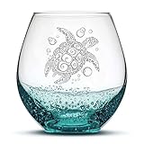 Integrity Bottles Sea Turtle Stemless Wine Glass, Bubbly Teal, Handblown, Tribal Design, Hand Etched...