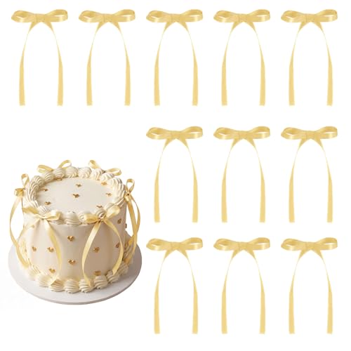 30 Pack Bow Cake Toppers Champagne Gold Ribbon Bows for Cake Bow Cupcake Toppers Graduation Decoration Bow Birthday Decorations for Baby Shower, Wedding, Engagement, Bachelorette Party