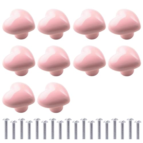 Auped Lot de 10 Boutons de Tiroir en Céramique en Cœur Rose - Poignées Renforcées avec Vis Incluses - Adaptés aux Meubles de Cuisine, Salle de Bain -...
