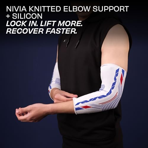 Image of Nivia Knitted Elbow Support with Silicon For Men & Women, Neoprene Compression Sleeve, Anti-Slip Grip, Heat Retention & Joint Stability for Gym, Training, and Injury Recovery(White, Large)