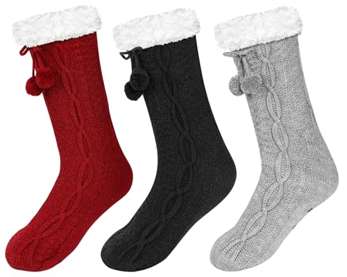 Image of Lonfliness 3Pairs Slipper Fuzzy Socks for Women Fluffy Cozy Cabin Socks Warm Soft Sock Cute Winter Sock With Grips Red Black Gray Fluffy Slipper Christmas Fuzzy for Women Teen Girls