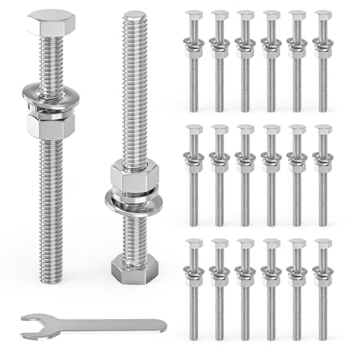 Image of 20PCS 5 /16-18 x 3-1 /2 inch 304 Stainless Steel External Hex Bolt, Fully Threaded Bolt with Nut Flat & Lock Washers and Spanner