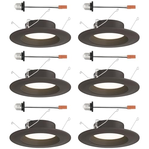 DESIGNERS FOUNTAIN LED Recessed Ceiling Lights 6 Pack, 5/6 Inch 5CCT Metal Light Fixture Set, Dimmable, 1050 Lumens, 2700K/3000K/3500K/4000K/5000K, Bronze Trim, RB6BZ9105C6