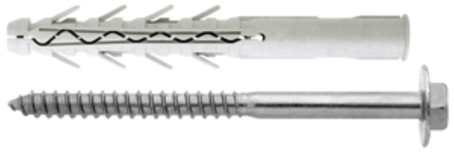 Tassello Nylon 'Tupp' Completo Di Vite Zincata Bianca Ter Con Rondella Integrata Da Ø 34 Mm. Tipo Prolungato Con Bordo, Adatto Per Fissaggi Pesanti. Utilizzabile Su Calcestruzzo, Mattone Pieno E Semipieno, Mattone Forato, Blocco 'Poroton', Cemento Cellula
