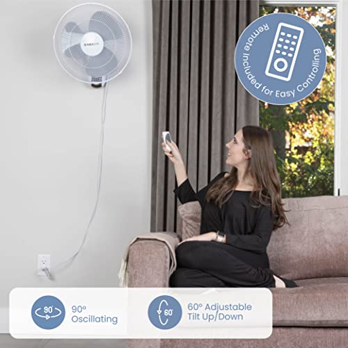 Nexair 16 Inch Oscillating Wall Mount Fan, Quiet Operating Room Fan With Remote Control, 3 Speed Wall Fan For Bedroom With 7.5 Hr Auto Off Timer, Adjustable Cooling Fan For Home, Office & Living Room #TOP2