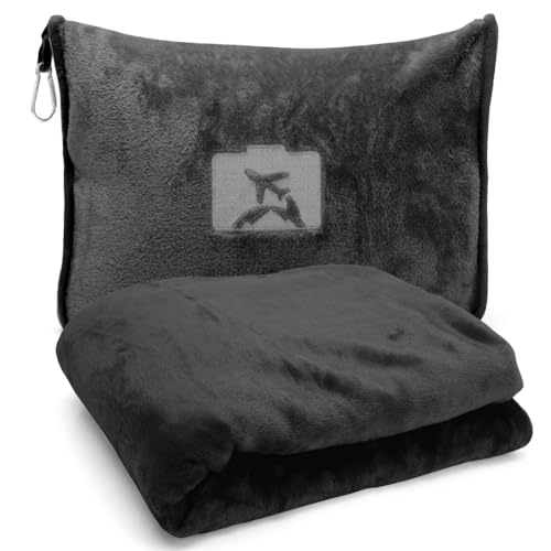 Wapasezyar Coperta da Viaggio 2 in 1, 127 x 152 cm Coperta con Cuscino, Coperta Calda, Ultraleggera per Vacanze, Ufficio, casa, Viaggi d'Affari (Nero)