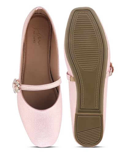 Image of JM LOOKS Elegant Textured Metallic Mary Jane Flats with Floral Buckle Detail and Comfortable Low Profile Sole