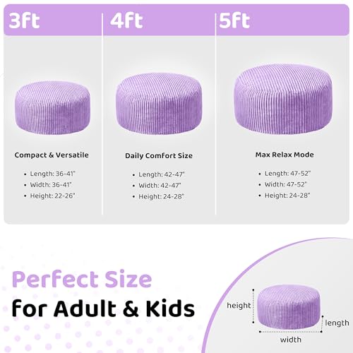 Image of HABUTWAY 5FT Bean Bag Chair, 5' Large Bean Bag Chairs for Adults with Removable Stripe Plush Cover, Memory Foam Beanbag Chair for Living Room Bedroom Dorm (Purple)
