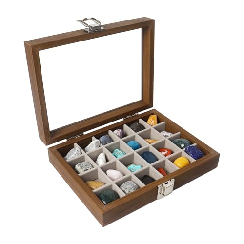 Dmnnlp Vitrine à 24 compartiments - Boîte de collection de pierres précieuses en bois avec couvercle en verre transparent - Boîtes de rangement pour objets de collection, pierres précieuses fossiles