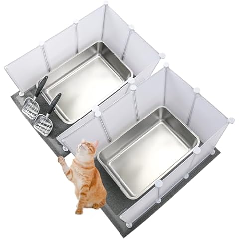 Essenhome 2 Set Extra Large Giant Stainless Steel Litter Box for Cats(24 x 16 x 6 inches) with 2 Metal Cat Litter Scoop,16 Litter Splash Shield and 2 Cat Litter Mat,Easy Clean,Non Stick,Odor Control Cover