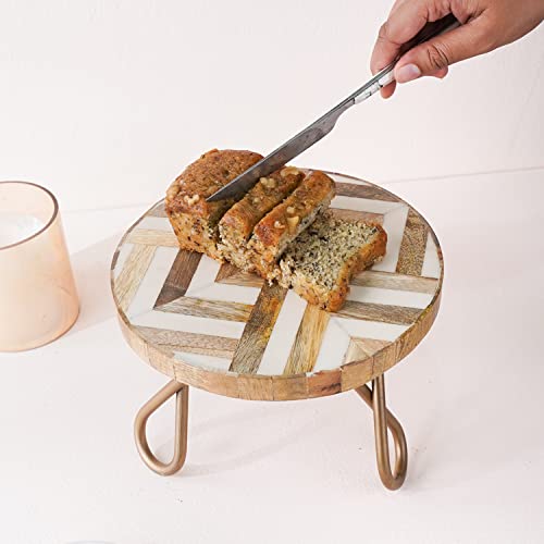 Image of CASADECOR Wooden Vintage Affair Decorative Pizza Pastry Cake Stand Pack of 1 (Golden, Diameter-8 Inch)