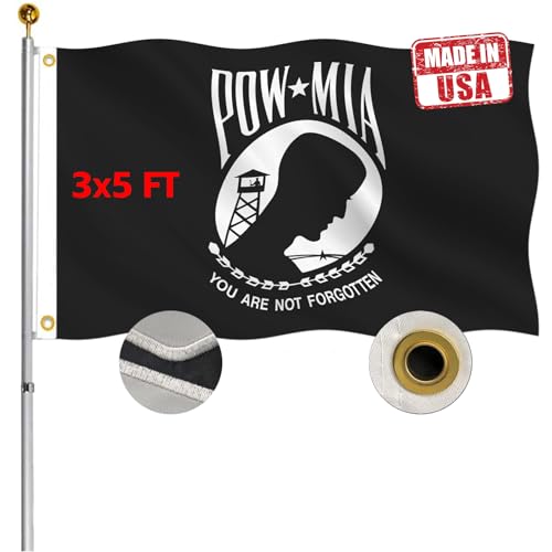 Embroidery Double Sided Pow Mia Flag 3x5 Outdoor- 340D Heavy Duty Pow Flag Banner with 2 Brass Grommet- Memorial Veterans,Armed Forces,Military Prisoner Flag