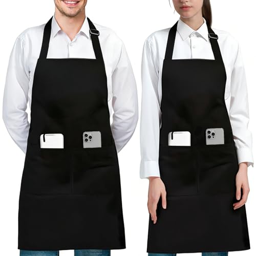HAGOT 2 Pack Tablier de Cuisine pour Hommes Femmes, Noir Tablier Cuisine avec Poches Réglable, Unisexe Tabliers pour Cuisine Barbecue Peinture Restaurant...