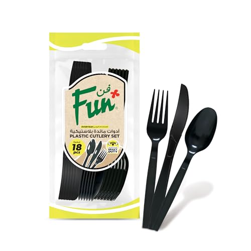 Fun Heavy-Duty Black Cutlery Set Spoons Knives Forks set Disposable Cutlery Set Plastic Cutlery Disposable Spoons Disposable Fork Plastic Spoon Heavy Duty Plastic Utensils (Pack of 18)