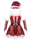 iEFiEL Glitzer Weihnachtself Kleid für Kinder Mädchen Weihnachtskleid Pailletten Tutu Rock Weihnachtsbaum Partykleid mit Hut Performance Tanzkostüm Rot 170-176