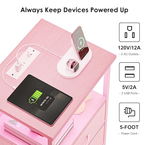 Image of Fixwal Night Stand with Charging Station, LED Nightstand with U-S-B Ports and Outlets, 2 Fabric Storage Drawers with PU Finish, Small Bedside Table, Pink