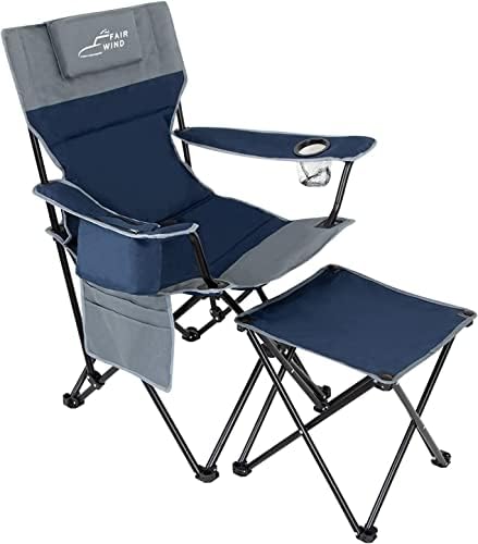 FAIR WIND Oversized Fully Padded Camping Lounge Chair with Footrest, Stool Set, Heavy Duty Quad Folding Arm Chair with Cooler Bag and Headrest - Support 300 LBS (Blue Grey)