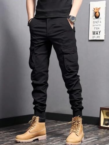 Image of Men's Slim Fit Cargo Joggers - Tactical Utility Track Pants with Multi-Pockets, Elastic Waistband & Cuffed Ankle, Black