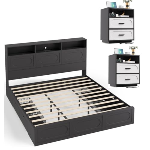 Image of 3 Pieces Bedroom Set, King Size Bed Frame with Storage Headboard, 2 Nightstands with Charging Station, Black