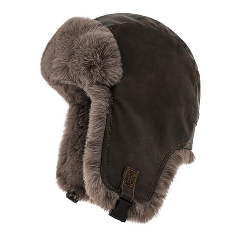BSYLOO Winter Fliegermütze mit Ohrenklappen und Leder Winddichte Flauschige Russische Ushanka Trappermütze für Herren und Damen Braun Grün S/XL