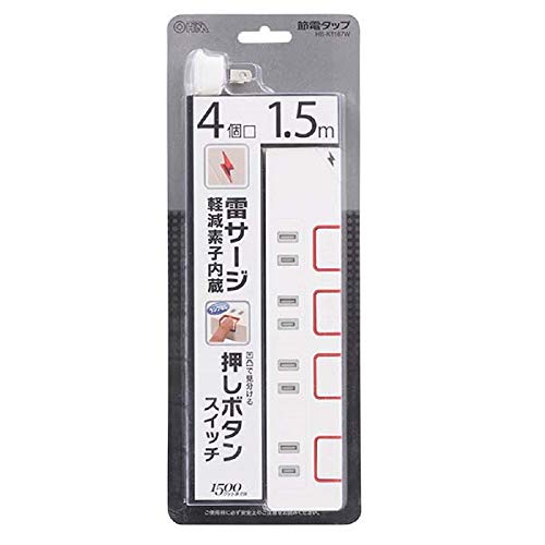 オーム電機 押ボタンスイッチ付き雷ガード節電タップ HS-K1187W
