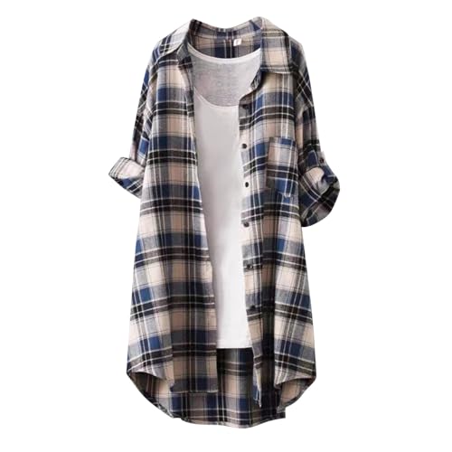 Longbluse Damen Lässig für Leggings - Kariertes Hemd Damen Bluse Lang 3/4 Ärmel Blusenkleid mit Knöpfen Taschen Freizeit Hemdbluse Lässiges...