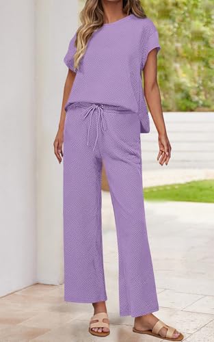 Image of PRETTYGARDEN 2 Piece Outfits For Women Casual Tracksuit Short Sleeve Tops And Wide Leg Long Pants Matching Lounge Sets