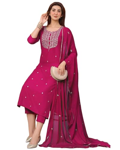 ANNI DESIGNER Women's Rayon Viscose Embroidered Straight Kurta with Pant & Dupatta (Kasturi Pink-VKS05_4XL_Pink_XXXX-Large)
