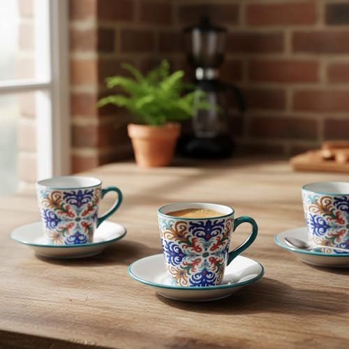 Baroni Home Set von dekorierten Keramik-Espressotassen mit Untertassen und Ständer, farbiges und robustes Küchenzubehör, Capri-Linie, 15x13x29 cm
