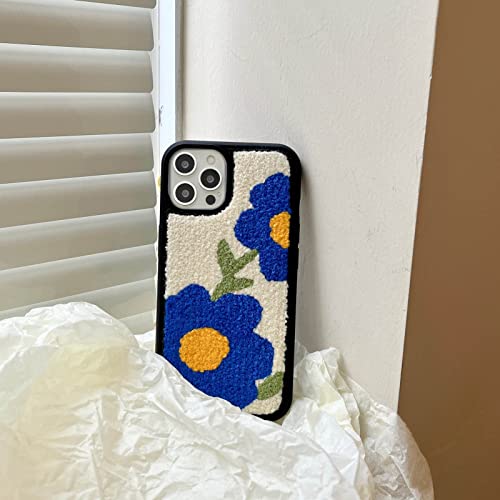 Aaknhen Chic Flower Embroidery Cloth Phone Case Compatible With Iphone 13 Pro Max Fabric Phone Case Floral Pattern For Girls Women Dirt-Resistant,Anti-Fingerprint Winter Back Cover(Klein Blue Flower) #TOP1