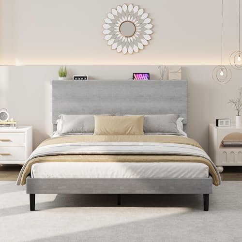 Image of GarveeLife Corduroy Upholstered Platform Bed Frame with USB Charging Station, Adjustable Storage Headboard, Wooden Slat Support, No Box Spring Needed, Easy Assembly,Full Light Gray