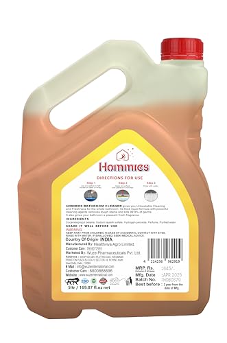 Image of Hommies Disinfectant Bathroom Cleaner Liquid - 5 Litre (Lemon) | Kills 99.9% Germs | Industrial Strength Floor & Tile Cleaner | Tough Stain Remover for Sinks, Slabs & Taps | Economy Refill Pack