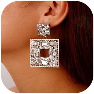 Denifery Rhinestone Geometric Bling Earrings Boho Crystal Earrings Bridal Wedding Earrings Rhinestone Statement Earrings for Women (White)