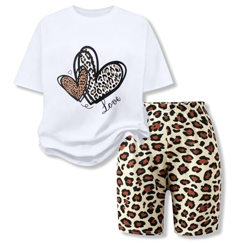 Image of 9-16Y Tween Girl Clothes 2 Piece Short Sleeve Heart Print Top and Shorts Teen Girl Summer Outfits Short Set